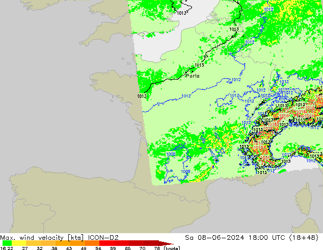 Windböen ICON-D2 Sa 08.06.2024 18 UTC