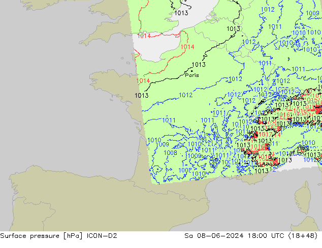 Luchtdruk (Grond) ICON-D2 za 08.06.2024 18 UTC