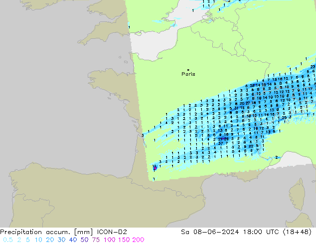 Nied. akkumuliert ICON-D2 Sa 08.06.2024 18 UTC