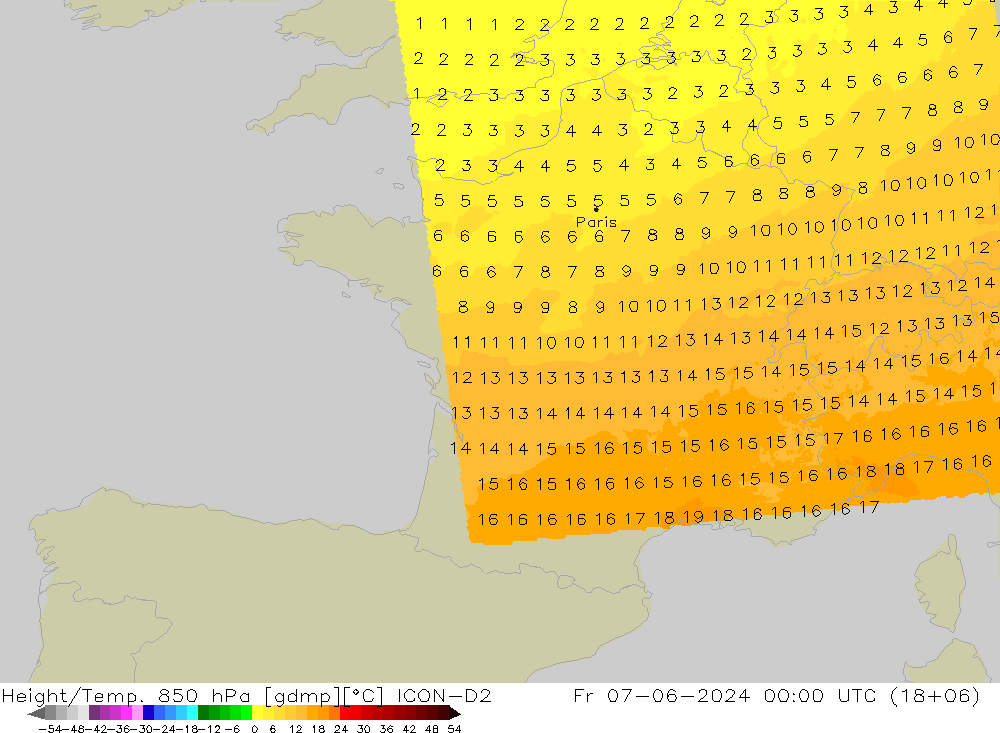 Height/Temp. 850 hPa ICON-D2 Pá 07.06.2024 00 UTC