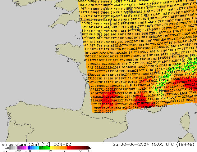 карта температуры ICON-D2 сб 08.06.2024 18 UTC