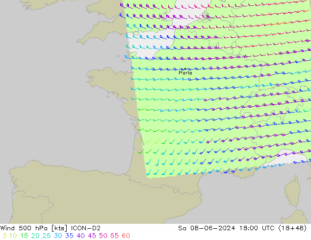 Wind 500 hPa ICON-D2 Sa 08.06.2024 18 UTC