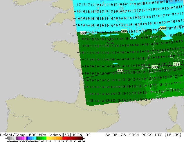 Hoogte/Temp. 500 hPa ICON-D2 za 08.06.2024 00 UTC