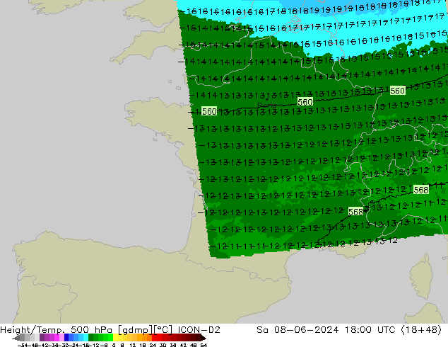 Hoogte/Temp. 500 hPa ICON-D2 za 08.06.2024 18 UTC