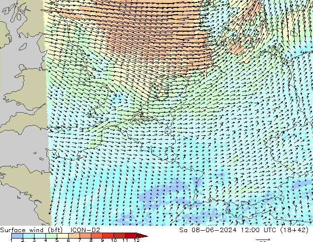 Surface wind (bft) ICON-D2 So 08.06.2024 12 UTC