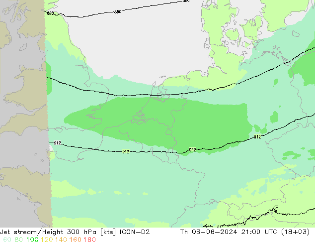 Jet stream/Height 300 hPa ICON-D2 Th 06.06.2024 21 UTC