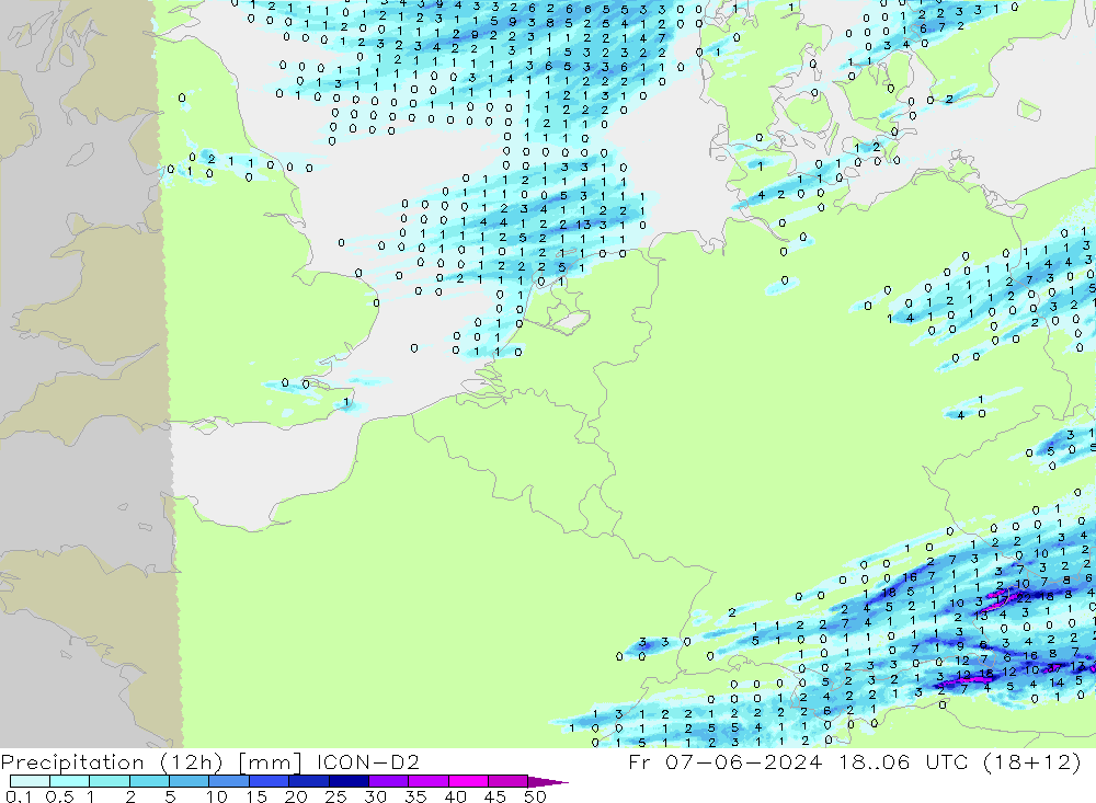 Precipitation (12h) ICON-D2 Fr 07.06.2024 06 UTC