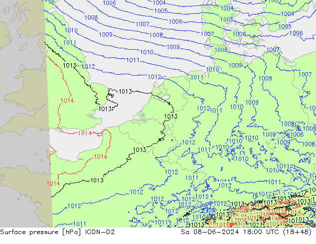 Surface pressure ICON-D2 Sa 08.06.2024 18 UTC