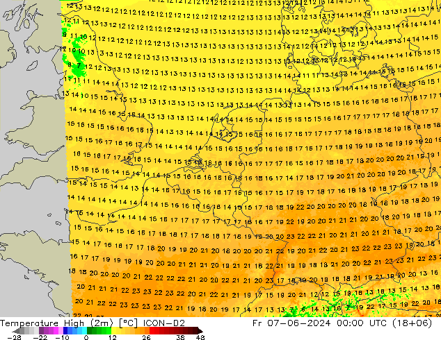 Temperature High (2m) ICON-D2 Fr 07.06.2024 00 UTC