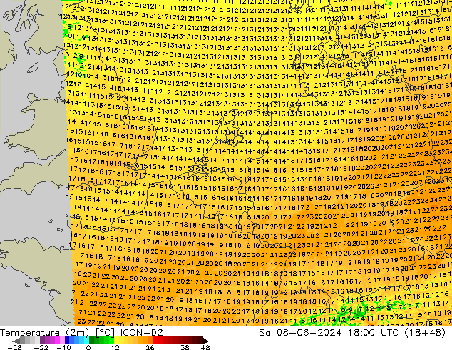 Temperature (2m) ICON-D2 Sa 08.06.2024 18 UTC