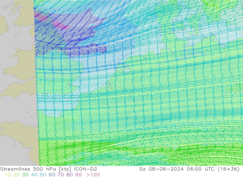 Stromlinien 500 hPa ICON-D2 Sa 08.06.2024 06 UTC