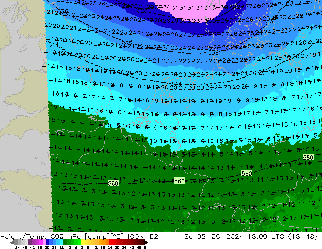 Height/Temp. 500 hPa ICON-D2 Sa 08.06.2024 18 UTC