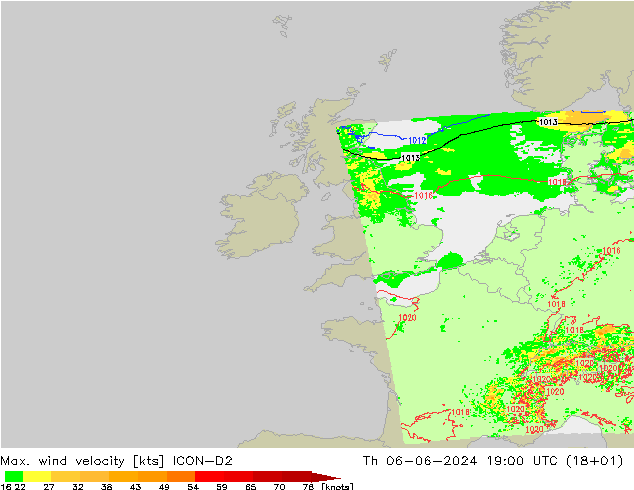 Maks. Rüzgar Hızı ICON-D2 Per 06.06.2024 19 UTC