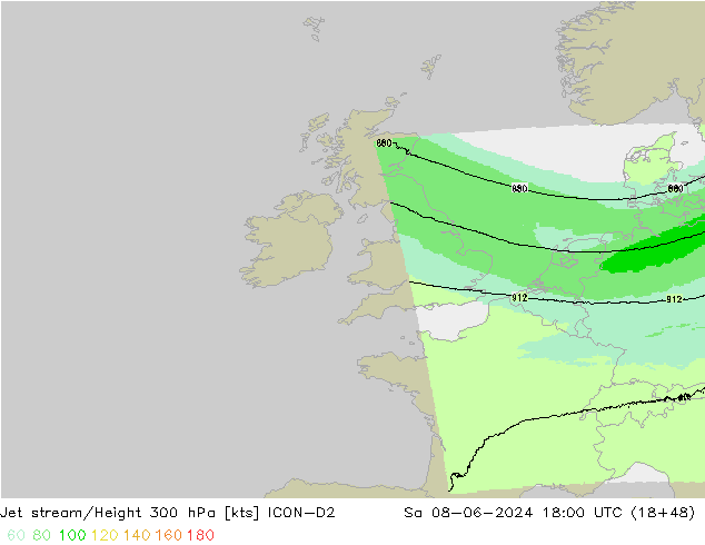 Corriente en chorro ICON-D2 sáb 08.06.2024 18 UTC