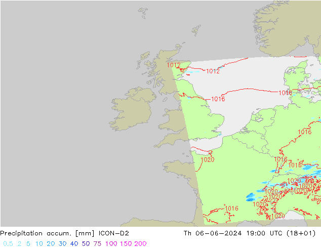 Precipitation accum. ICON-D2 Čt 06.06.2024 19 UTC