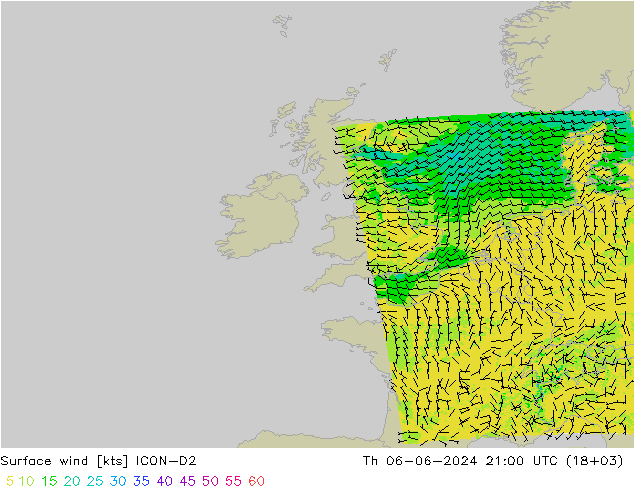 wiatr 10 m ICON-D2 czw. 06.06.2024 21 UTC