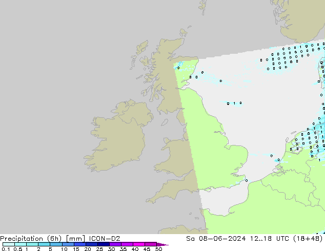 Precipitación (6h) ICON-D2 sáb 08.06.2024 18 UTC