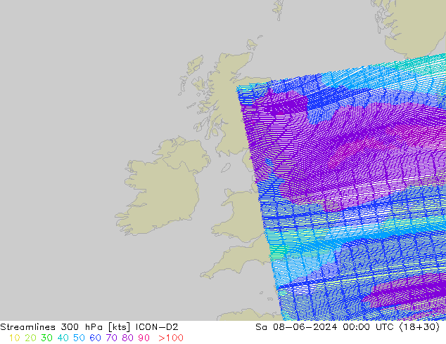 Linia prądu 300 hPa ICON-D2 so. 08.06.2024 00 UTC