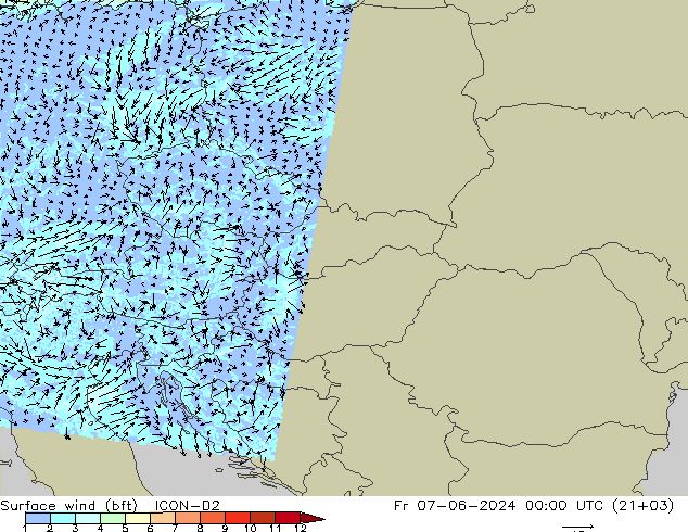 Wind 10 m (bft) ICON-D2 vr 07.06.2024 00 UTC
