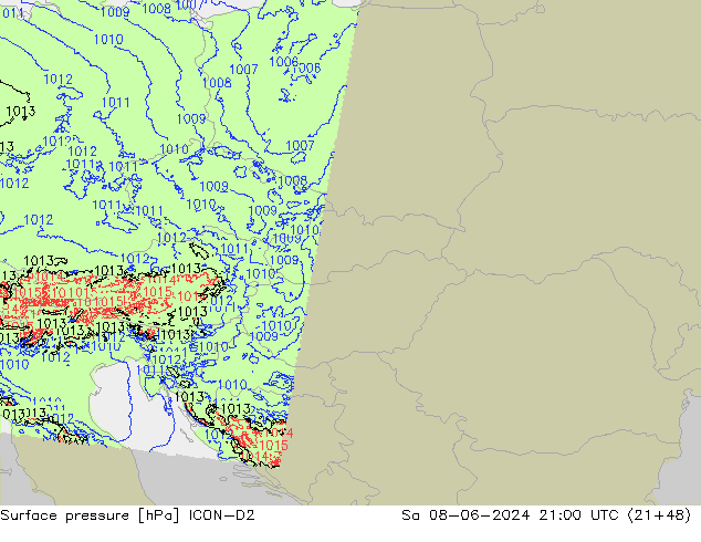 Luchtdruk (Grond) ICON-D2 za 08.06.2024 21 UTC