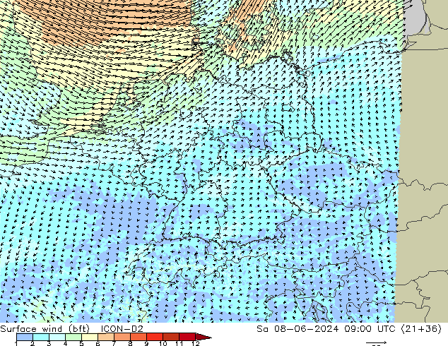 wiatr 10 m (bft) ICON-D2 so. 08.06.2024 09 UTC