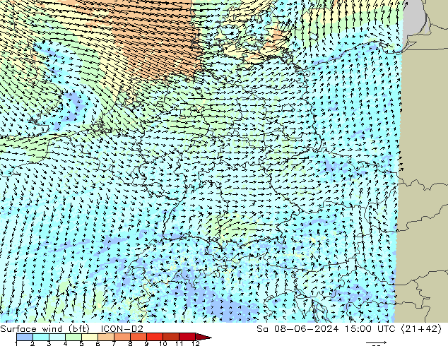 Bodenwind (bft) ICON-D2 Sa 08.06.2024 15 UTC