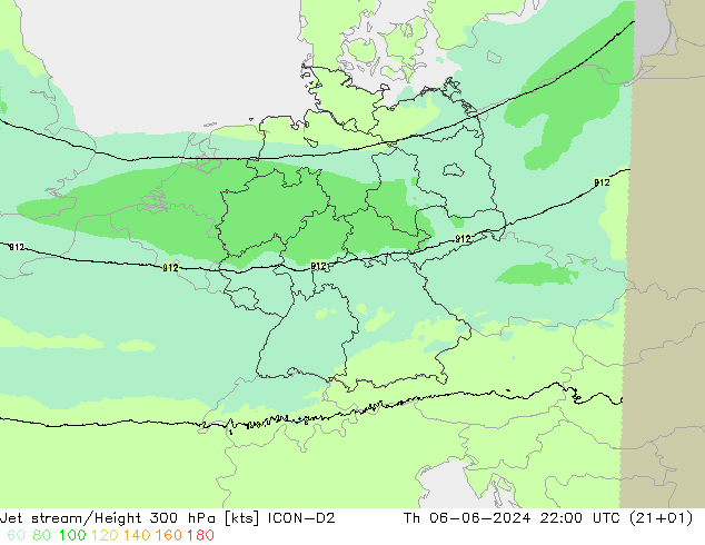 Jet stream/Height 300 hPa ICON-D2 Th 06.06.2024 22 UTC