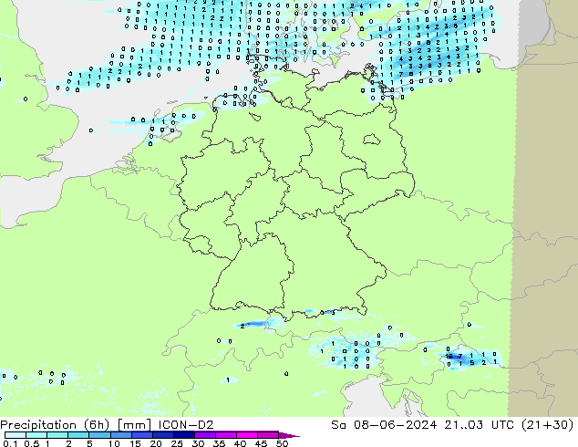 Precipitación (6h) ICON-D2 sáb 08.06.2024 03 UTC