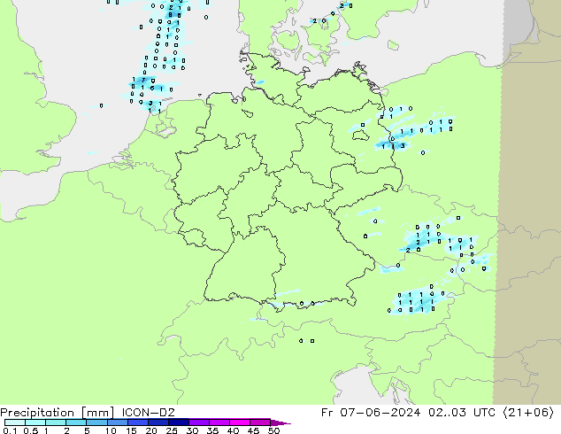 Srážky ICON-D2 Pá 07.06.2024 03 UTC