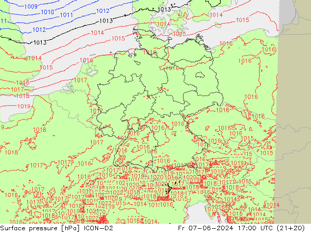 Atmosférický tlak ICON-D2 Pá 07.06.2024 17 UTC