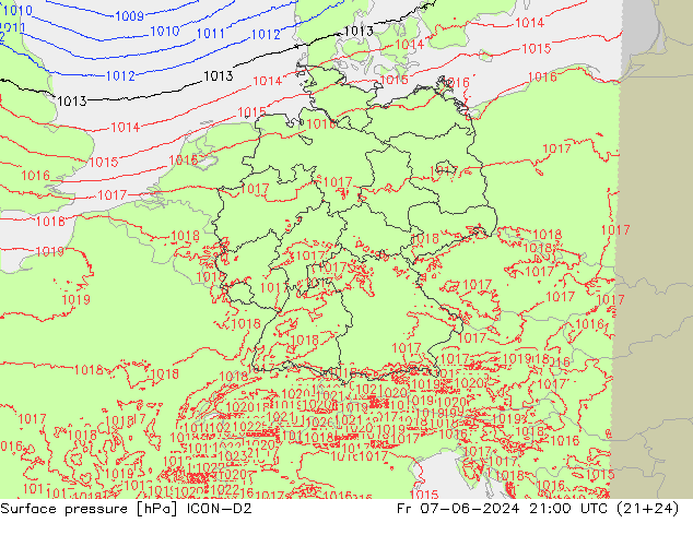 Surface pressure ICON-D2 Fr 07.06.2024 21 UTC