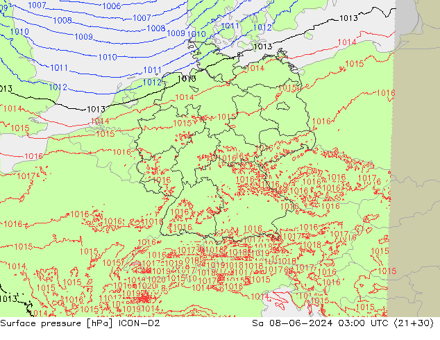 Pressione al suolo ICON-D2 sab 08.06.2024 03 UTC