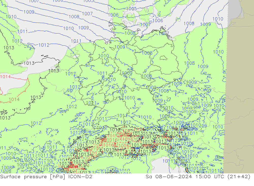 ciśnienie ICON-D2 so. 08.06.2024 15 UTC