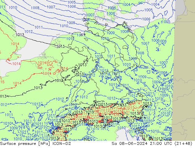 Pressione al suolo ICON-D2 sab 08.06.2024 21 UTC