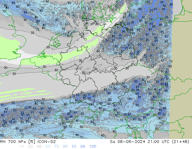 RH 700 hPa ICON-D2 Sa 08.06.2024 21 UTC