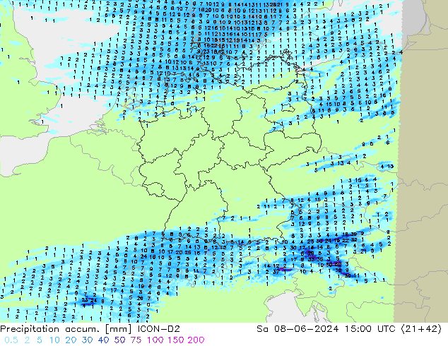 Precipitation accum. ICON-D2 sab 08.06.2024 15 UTC