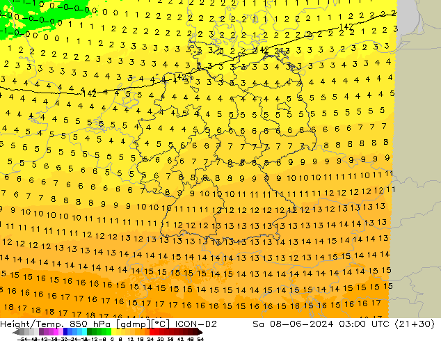 Hoogte/Temp. 850 hPa ICON-D2 za 08.06.2024 03 UTC