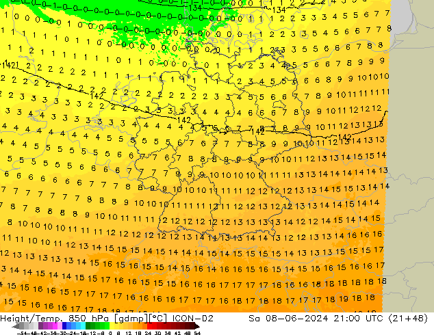 Height/Temp. 850 hPa ICON-D2 Sa 08.06.2024 21 UTC