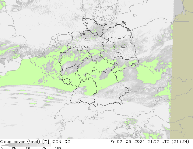 Cloud cover (total) ICON-D2 Fr 07.06.2024 21 UTC