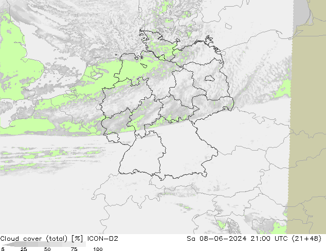 Cloud cover (total) ICON-D2 Sa 08.06.2024 21 UTC
