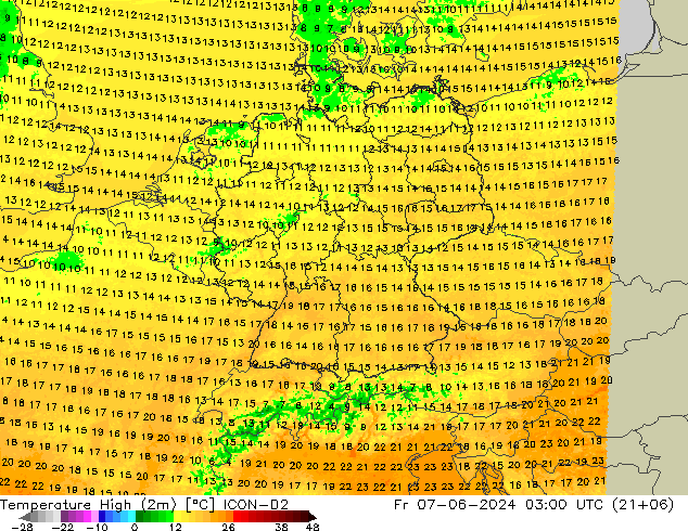 Nejvyšší teplota (2m) ICON-D2 Pá 07.06.2024 03 UTC