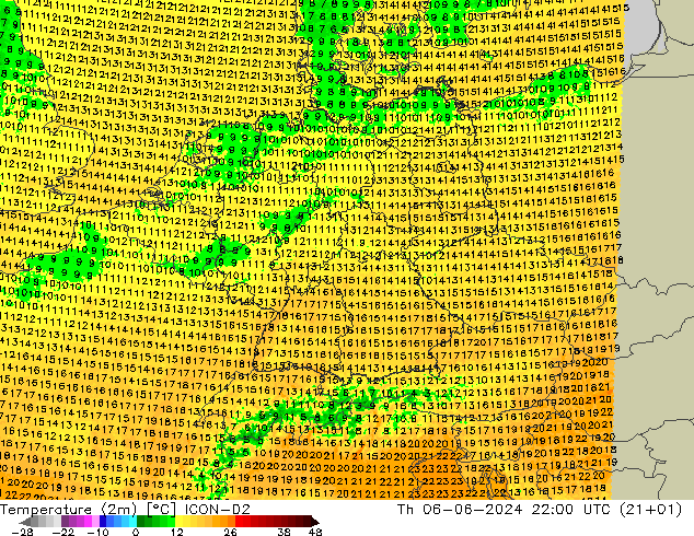 Temperature (2m) ICON-D2 Th 06.06.2024 22 UTC