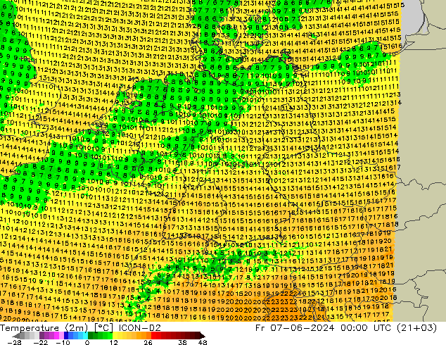 Sıcaklık Haritası (2m) ICON-D2 Cu 07.06.2024 00 UTC