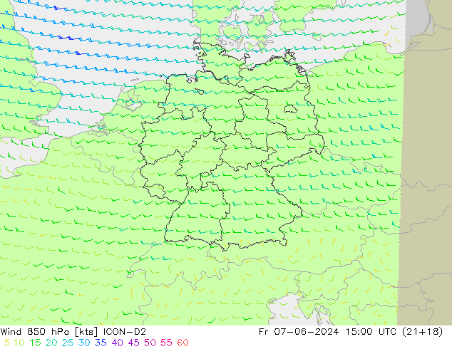 Viento 850 hPa ICON-D2 vie 07.06.2024 15 UTC