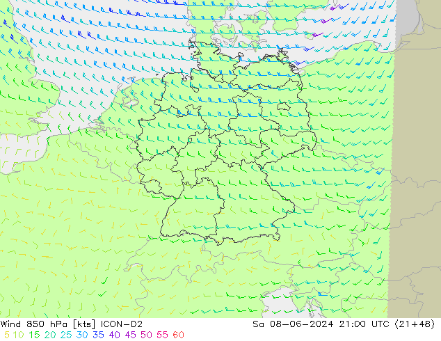 Wind 850 hPa ICON-D2 Sa 08.06.2024 21 UTC