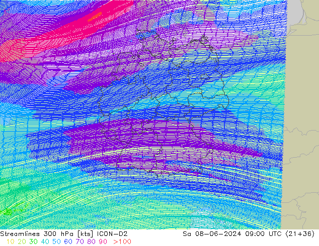 Linha de corrente 300 hPa ICON-D2 Sáb 08.06.2024 09 UTC