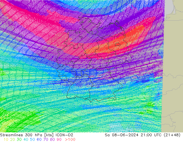 Linia prądu 300 hPa ICON-D2 so. 08.06.2024 21 UTC