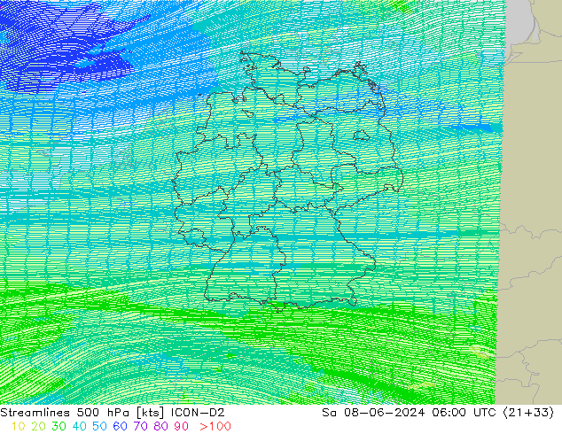 Linha de corrente 500 hPa ICON-D2 Sáb 08.06.2024 06 UTC