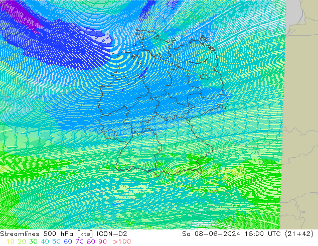 Línea de corriente 500 hPa ICON-D2 sáb 08.06.2024 15 UTC