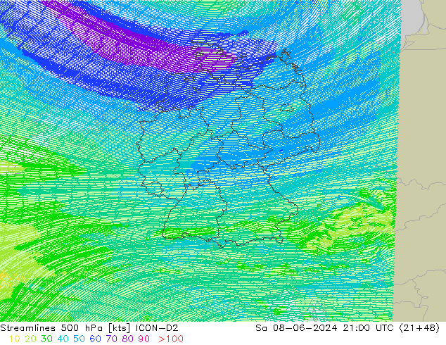 Ligne de courant 500 hPa ICON-D2 sam 08.06.2024 21 UTC